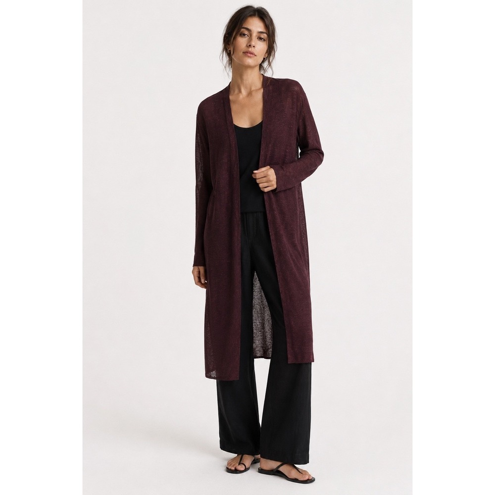 Eileen Fisher Silk Linen Duster Cardigan Burgundy Textured Long Coat Medium